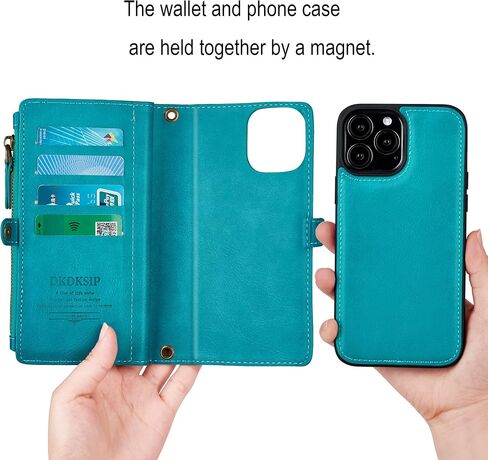 for iPhone 14 Pro Max Wallet Case for Women, Support Wireless Charging with RFID Blocking Card Holder, Leather Zipper 2 in 1 Detachable Magnetic Phone Case with Crossbody Strap Wristlet, Black in Saudi Arabia