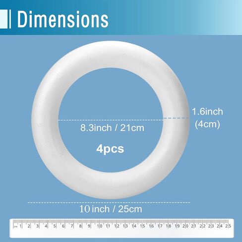 Pllieay 4 عبوات من إكليل الرغوة مقاس 10 بوصة، حلقة دوائر من إسفنج البوليسترين الأبيض، أكاليل للحرف اليدوية، شكل إكليل للمشاريع اليدوية، ديكور عيد الميلاد، العطلات، ديكور المنزل in Kuwait