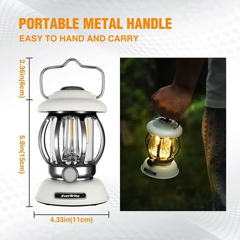 EverBrite Camping Lantern Rechargeable, Retro Metal Camping Light, 4400mAh Battery Powered Hanging Vintage Camping Lamp, 3 Light Modes, Outdoor Tent Light, Emergency Lantern for Power Outage - Black in Saudi Arabia