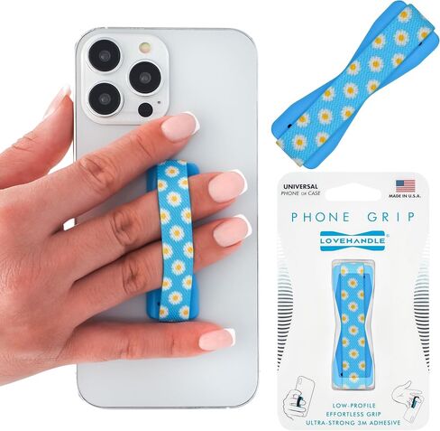 LOVEHANDLE Universal Phone Grip for Most Smartphones, Mini Tablets and Cases, Happy Daisy Design Elastic Strap with Blue Base, lh-01-happydaisy in Saudi Arabia