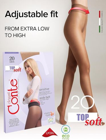 Conte Tights للبشرة الحساسة، جوارب طويلة شفافة حتى الخصر، منخفضة الارتفاع مع حزام قابل للتعديل، الجزء العلوي ناعم 20 Den in Kuwait