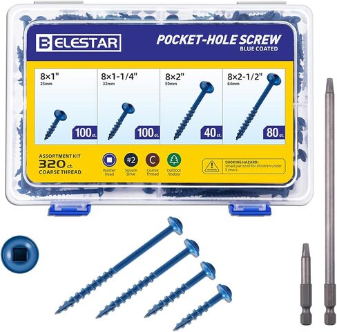 مجموعة متنوعة من 320 قطعة من براغي ثقب الجيب - 8 × 1 بوصة، 8 × 1-1/4 بوصة، 8 × 2-1/2 بوصة، 8 × 2 بوصة براغي خشبية ذات خيط خشن مقاومة للصدأ، محرك مربع، لقمة محرك متضمنة، أزرق in Kuwait