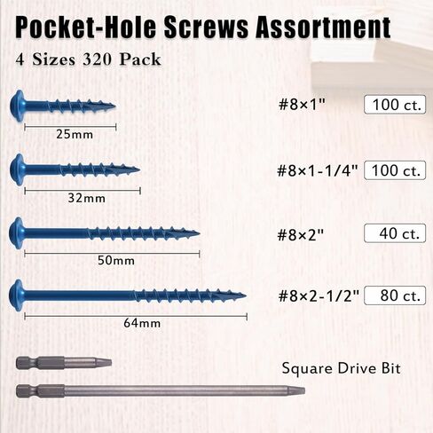 مجموعة متنوعة من 320 قطعة من براغي ثقب الجيب - 8 × 1 بوصة، 8 × 1-1/4 بوصة، 8 × 2-1/2 بوصة، 8 × 2 بوصة براغي خشبية ذات خيط خشن مقاومة للصدأ، محرك مربع، لقمة محرك متضمنة، أزرق in Kuwait