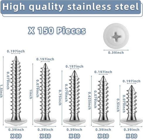 150 Pcs #8 White Screws Wood White Sheet Metal Screw Thread Truss Head Screws Fast Self Tapping Pan Small Cabinet Screws Wood Work for Wall Plates, 1/2", 3/4", 5/8", 1", 1-1/2" in Saudi Arabia