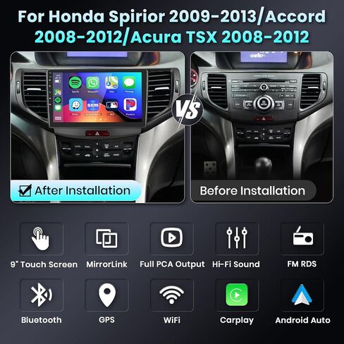 【2G+64G】 ستيريو سيارة Carplay مقاس 9 بوصات لسيارة Honda Spirior 2009-2013/Accord 2008-2012/Acura TSX 2008-2012 مع نظام تشغيل Android اللاسلكي، شاشة لمس HD IPS وراديو سيارة بلوتوث مع نظام تحديد المواقع واي فاي وكاميرا HiFi صوت مجانية in Saudi Arabia