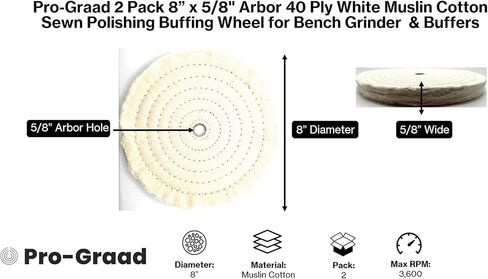 2 Pack 8" x 5/8" Arbor x 40 Ply Buffing Polishing Wheel - White Fine Muslin Cotton | Designed for Bench Motor Grinder or Buffer with 3/4" Arbor | Pack of 2 in Kuwait