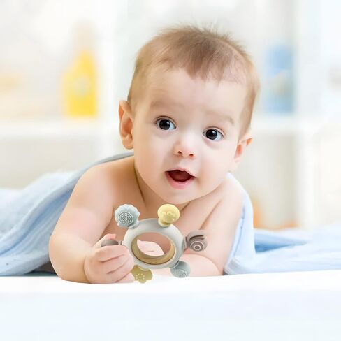 PandaEar Baby Teething Toys - Silicone Rudder Toy with Wooden Rings for Soothing Teething Pain Relief - Silicone Rudder with Wooden Ring for lnfants & Toddlers 6+ Months (Grey) in Saudi Arabia