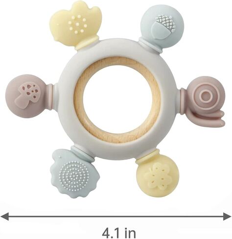 PandaEar Baby Teething Toys - Silicone Rudder Toy with Wooden Rings for Soothing Teething Pain Relief - Silicone Rudder with Wooden Ring for lnfants & Toddlers 6+ Months (Grey) in Saudi Arabia