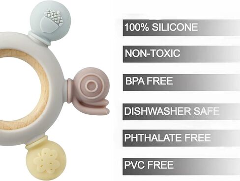 PandaEar Baby Teething Toys - Silicone Rudder Toy with Wooden Rings for Soothing Teething Pain Relief - Silicone Rudder with Wooden Ring for lnfants & Toddlers 6+ Months (Grey) in Saudi Arabia