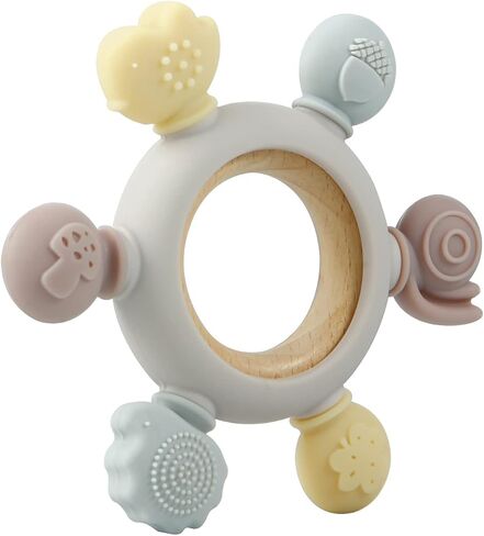 PandaEar Baby Teething Toys - Silicone Rudder Toy with Wooden Rings for Soothing Teething Pain Relief - Silicone Rudder with Wooden Ring for lnfants & Toddlers 6+ Months (Grey) in Saudi Arabia
