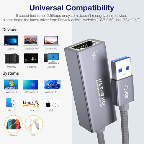 محول إيثرنت USB 2.5 جيجا بايت، ULT-WIIQ USB 3.0 إلى 2.5 جيجابت RJ45 LAN كابل محول الشبكة، 10/100/1000/2500M بطاقة NIC كاملة السرعة لنظام التشغيل Mac OS وiOS وWindows وLinux وDell XPS وThinkpad X وSynology NAS والكمبيوتر الشخصي in Kuwait