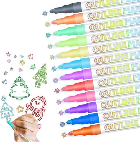 Outline Metallic Markers Pens Double Line Paint 12 Color Markers Pens Art Markers for Kids and Adult, Greeting Cards, DIY Photo Album, Scrapbook Crafts, Metal, Ceramic, Glass etc in Saudi Arabia