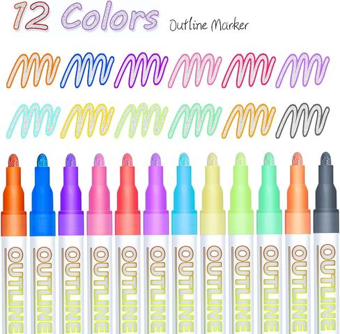 Outline Metallic Markers Pens Double Line Paint 12 Color Markers Pens Art Markers for Kids and Adult, Greeting Cards, DIY Photo Album, Scrapbook Crafts, Metal, Ceramic, Glass etc in Saudi Arabia