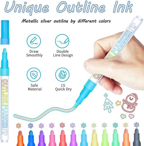Outline Metallic Markers Pens Double Line Paint 12 Color Markers Pens Art Markers for Kids and Adult, Greeting Cards, DIY Photo Album, Scrapbook Crafts, Metal, Ceramic, Glass etc in Saudi Arabia