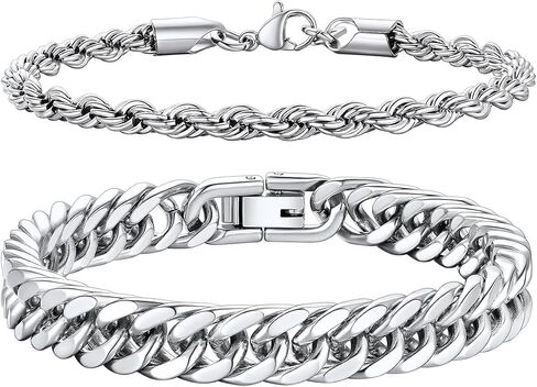 Richsteel 2PCS / 3PCS سلسلة أساور للرجال النساء الفولاذ المقاوم للصدأ الفضة / الذهب / الأسود الكوبي / حبل سلسلة أساور مجموعة، 7.4 / 8.2 / 9 بوصة طول سلسلة اليد للرجال النساء المجوهرات in Kuwait