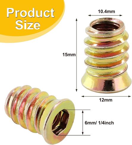 100 Pcs 1/4" - 20 Threaded Inserts for Wood Nutsert Zinc Plated Carbon Steel Hex Socket Drive Furniture Screw-in Nut 15mm Length with M6 Hex Wrench for Wood Furniture in Saudi Arabia