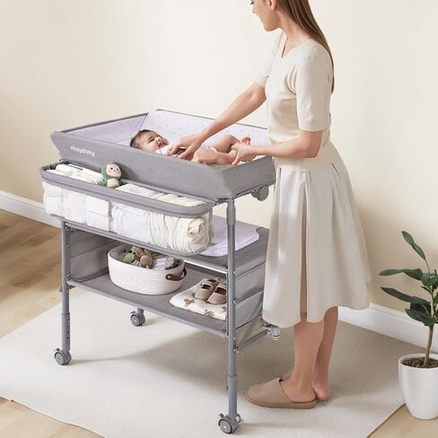 Maydolly Portable Baby Changing Table with Wheels, Waterproof Foldable Adjustable Height Diaper Station with Nursery Organizer and Storage for Newborn and Infant (Grey) in Saudi Arabia