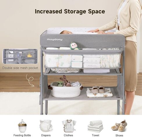 Maydolly Portable Baby Changing Table with Wheels, Waterproof Foldable Adjustable Height Diaper Station with Nursery Organizer and Storage for Newborn and Infant (Grey) in Saudi Arabia