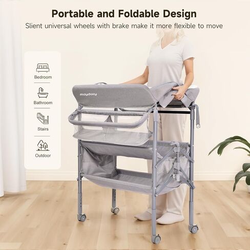 Maydolly Portable Baby Changing Table with Wheels, Waterproof Foldable Adjustable Height Diaper Station with Nursery Organizer and Storage for Newborn and Infant (Grey) in Saudi Arabia