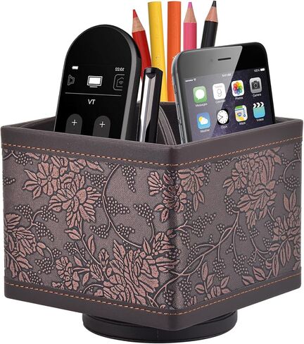 Square Leather 360°Rotatable Pencil Holders,Remote Control Holder,Spinning Bedside TV Remote Caddy,Desktop Organizer for Pen,Media Controller,Phone,Glasses,Office Supplies Storage Box(Blue) in Saudi Arabia