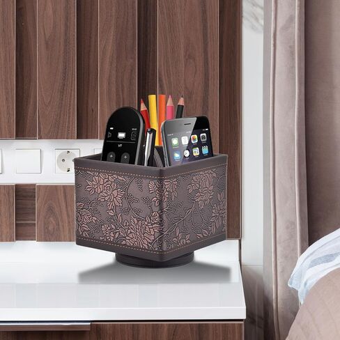 Square Leather 360°Rotatable Pencil Holders,Remote Control Holder,Spinning Bedside TV Remote Caddy,Desktop Organizer for Pen,Media Controller,Phone,Glasses,Office Supplies Storage Box(Blue) in Saudi Arabia