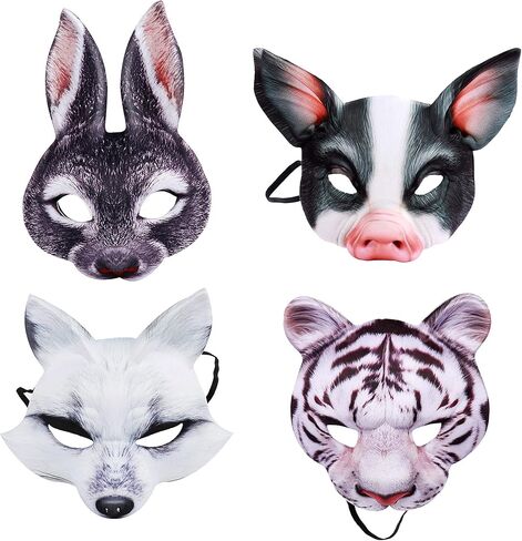 قناع الهالوين التنكري نصف قناع وجه الحيوان قناع الحفلات، مجموعة من 4 قطع (خنزير، ثعلب، أرنب، نمر) in Kuwait