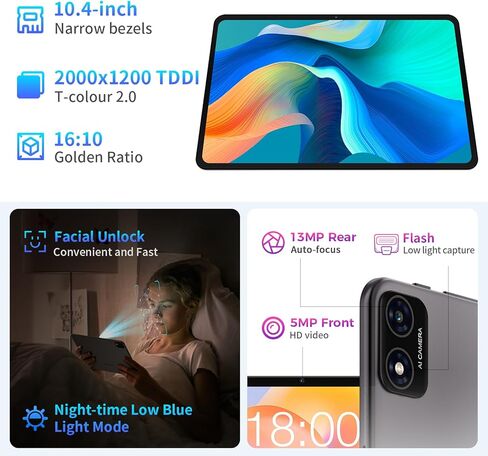 تابلت TECLAST مقاس 10.4 بوصة، T40S 16 جيجابايت رام 128 جيجابايت روم (1 تيرابايت TF) مع وحدة معالجة مركزية 8 كور، 2.4 جيجا/5 جيجا واي فاي، IPS 2000x1200، جهاز لوحي أندرويد 12، BT 5.0، نظام تحديد المواقع العالمي، 6000 مللي أمبير، كاميرا مزدوجة 5 ميجابكسل +  in Kuwait