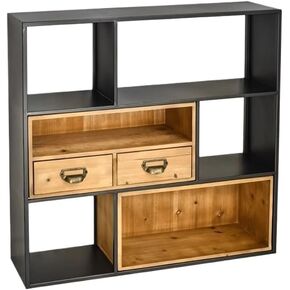 Storage Shelving Unit Square Iron Frames Wall Mounted Book Shelves with Wooden Double Drawer Organizer Bookcase for Living Office in Kuwait