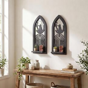 Wood Wall Sconce Candle Holder Set 2, Rustic, Wall-Mount, Farmhouse Hanging Wall Décor, Carved Wood Frame, Mirrored Candle Holder (Black) in Kuwait