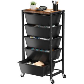 Rolling Cart with 5 Drawers, Plastic Drawer Storage Carts with Wheels & Wooden Tabletop, Metal Utility Cart for Office Bedroom Living Room Classroom, Craft Organization and Storage, Black in Saudi Arabia