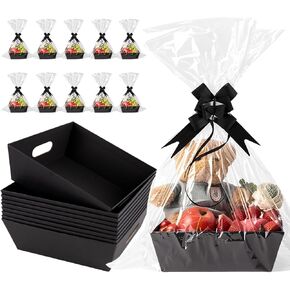 10 Set Baskets for Gifts Empty, 10 x 8" Thick Kraft Gift Basket with Cellophane Wrap and Pull Bows, Empty Gift Basket Set for Graduation Christmas Thanksgiving Valentine Easter Wedding (Brown) in Saudi Arabia