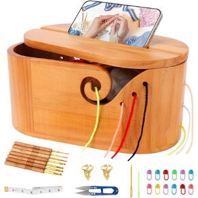 Large Wood Yarn Bowl with Lid, Crochet Yarn Holder with 7pcs Knitting Hooks, No-Tangle Design, Yarn Storage Crochet Bowl Knitting at Home, Café, Park, Craft Gatherings Rectangle in Kuwait