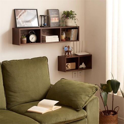 Storage Shelving Unit Walnut Colour Wall Mounted Bookshel Rectangle Three Grid Wooden Display Rack for Book Shelves Bookshelf in Kuwait