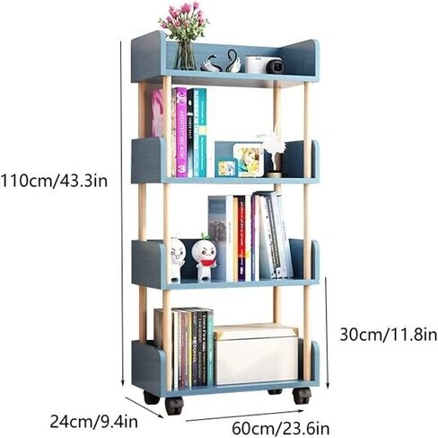 Book Shelf 4 Tiers Movable Bookshelf with Wheels Wood Storage Rack for Movies Books Organizer Shelves for Living Bedroom in Saudi Arabia