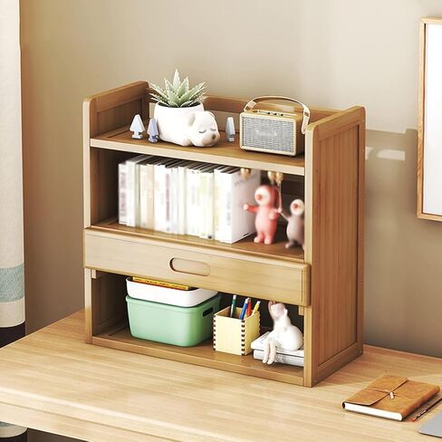 Storage Shelving Unit 3-Layer Wood Desktop Bookshelf with 1 Small Drawer Organizer Office Rack Display Shelf for Kitchen Living in Kuwait