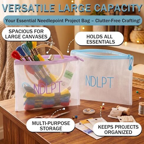 Geetery 6 Pack Needlepoint Project Bags 13x9.5 Inch Pastel Ndlpt Clear Mesh Zipper Pouch Embroidery Organizer Project Bags for Thread Floss Quilting Knitting Stitching Cross Stitch Sewing Accessories in Kuwait