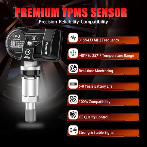 مستشعر TPMS مبرمج مسبقًا من Ford لـ F-150 2009-2025، Explorer 2011-2019، Escape 2009-2019 | F150/250/350، رينجر، مافريك | إيدج، إكسبيديشن، برونكو سبورت | موستانج، فيوجن، 315 و433 ميجا هرتز (4 قطع) in Kuwait