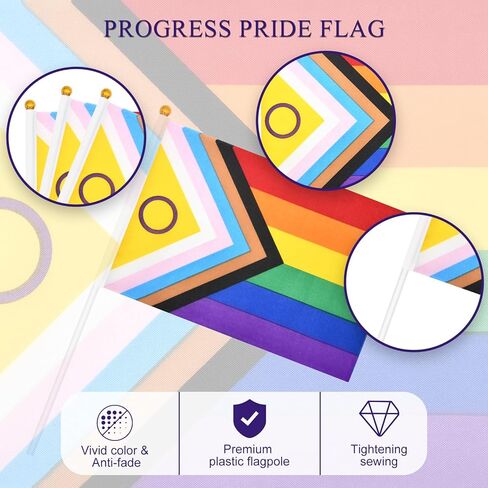 20 Pieces 5 x 8 Inches Small Intersex Inclusive Progress Pride Flag Sticks - Handheld Progress Pride Flags, Mini LGBTQ Rainbow Gay Flag for Outdoor LGBT Parades, Rainbow Pride Month Party Decorations in Kuwait