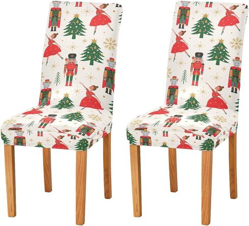 Christmas Tree Ballerina Soldier Dining Room Chair Covers Winter Gold Snowflakes Xmas Chair Slipcovers Seat Protector Removable Washable Chair Cover For Home Kitchen Restaurant Hotel 2pcs in Saudi Arabia