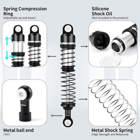 RCLIONS RC Car Shocks 62mm Oil Shock Absorber for 1/18th Redcat Ascent RC Crawler Car Upgrade Parts (Black) in Kuwait