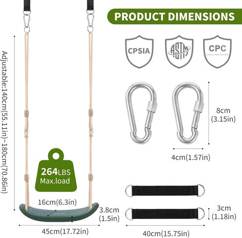 Weatherproof Kids Swing Seat,264lbs Heavy Duty Tree Swing with Ergonomic Design, Includes Hanging Straps & Carabiners for Tree or Swing Set, Outdoor Playground & Backyard Replacement - Green in Saudi Arabia