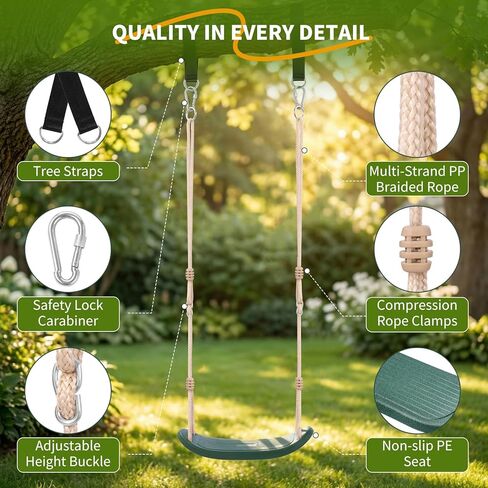 Weatherproof Kids Swing Seat,264lbs Heavy Duty Tree Swing with Ergonomic Design, Includes Hanging Straps & Carabiners for Tree or Swing Set, Outdoor Playground & Backyard Replacement - Green in Saudi Arabia