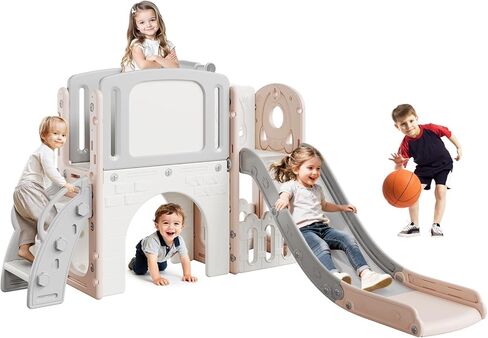 8-in-1 Toddler Slide Playset with Climber, Children's Slide in the Courtyard,Basketball Hoop, Telescope, Tunnel & Storage – Indoor Outdoor Playground for Kids, Perfect for Backyard & Courtyard Fun in Kuwait