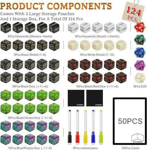 124 Pcs MTG Dice Counters Set with MTG Tokens Dry Erase Blank Cards Double-Sided All-in-One for TCG Players, Commander Decks Games Accessories in Kuwait
