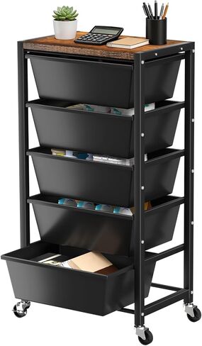 Rolling Cart with 5 Drawers, Plastic Drawer Storage Carts with Wheels & Wooden Tabletop, Metal Utility Cart for Office Bedroom Living Room Classroom, Craft Organization and Storage, Black in Kuwait
