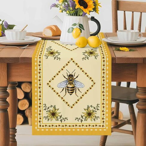 Bee Table Runner 36 Inches Long,Farmhouse Yellow Daisy Linen Burlap Tables Runners,Summer Dresser Scarves for Kitchen Dining Party Banquet Decor,Bumblebee Honey Bee Flowers in Saudi Arabia