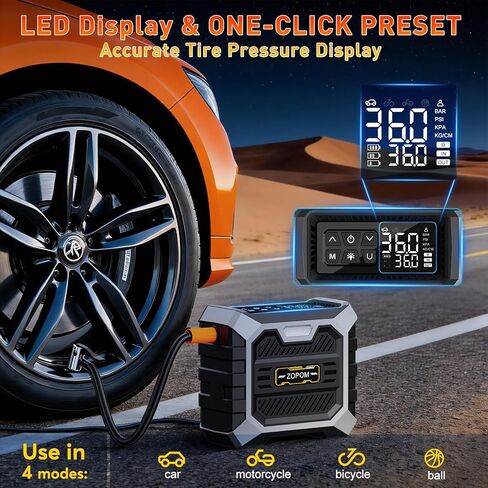 ZOPOM Tire Inflator Portable Air Compressor, 12V DC Car Air Pump with Auto Shut-Off & Digital Pressure Gauge, 100 PSI Corded Inflator for Car, Motorcycle, Bicycle & Sports Balls, LED Light in Kuwait
