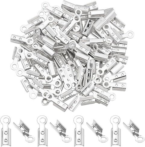 PH PandaHall 200pcs Fold Over Cord Ends, Silver Crimp Beads Leather Ribbon End Clasp Tips Brass Crimp End Tips Jewelry Connector for DIY Jewelry Making Bracelet Necklace, 7.5x2.5mm in Kuwait