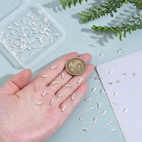 PH PandaHall 200pcs Fold Over Cord Ends, Silver Crimp Beads Leather Ribbon End Clasp Tips Brass Crimp End Tips Jewelry Connector for DIY Jewelry Making Bracelet Necklace, 7.5x2.5mm in Kuwait