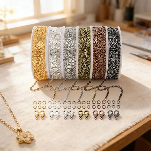 60ft Cable Link Chains for Making Jewelry Necklace Earring Bracelet Findings, 6-Color 2mm Golden Silver Copper Plated Metal Link Rolls Bulk, Ideal for DIY Craft Kit and Gift Design Multi-Color in Kuwait